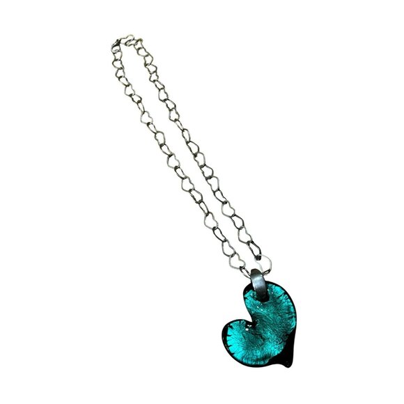 Murano Glass Italy Green Glass Heart Pendant Necklace Silver Tone Heart Chain - Picture 4 of 6